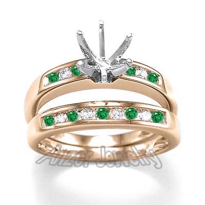 14k Diamond Emerald Engagement Ring Bridal Set