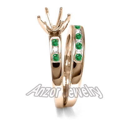 14k Diamond Emerald Engagement Ring Bridal Set