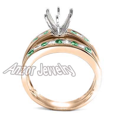 14k Diamond Emerald Engagement Ring Bridal Set
