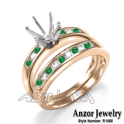 14k Diamond Emerald Engagement Ring Bridal Set