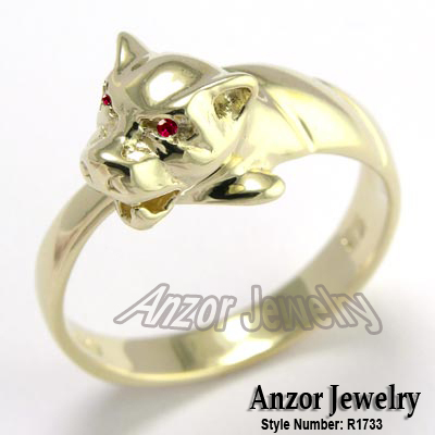 14k solid yellow Gold ruby Cat Head Ring