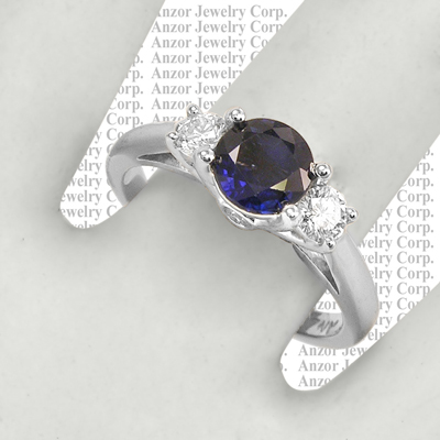 14k White Gold Sapphire Diamond Three Stone Ring