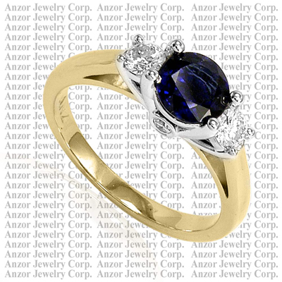 14k solid Gold Sapphire Diamond Three Stone Ring