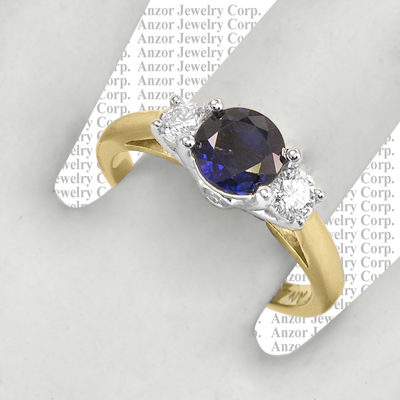 14k solid Gold Sapphire Diamond Three Stone Ring
