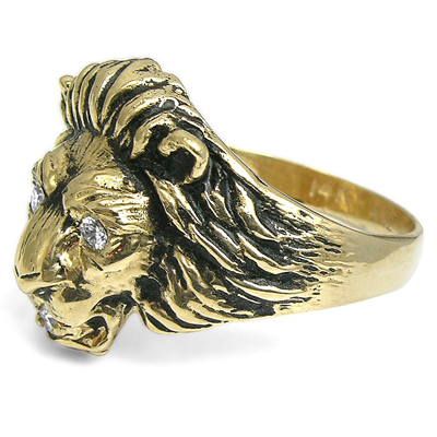 Men's Ring 14k Yellow Gold Lion Diamond Ring