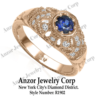 Russian Style Sapphire Diamond Ring in 14k Gold