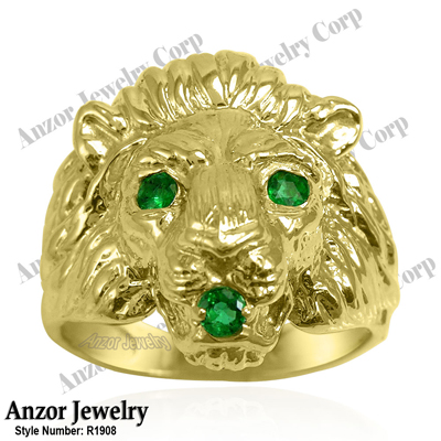 Men's Ring 18k Yellow Gold Lion Emerald Ring