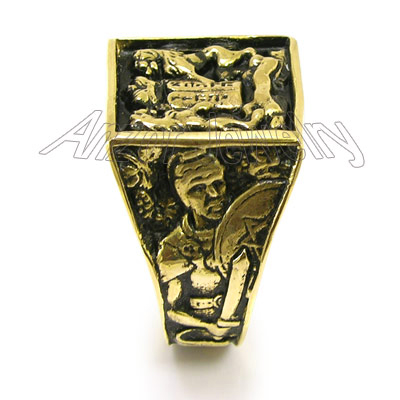 Lions Facing The Ten Commandments Ring in 18k Gold