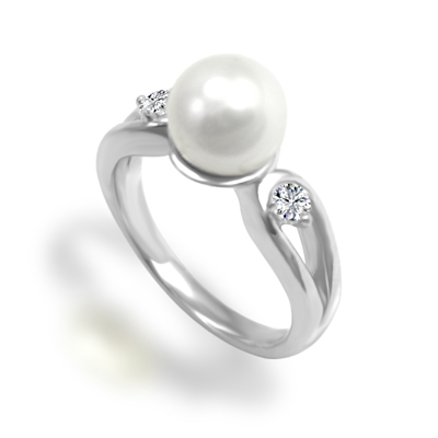 Cultured Pearl Split Shank Diamond 14K gold Ring