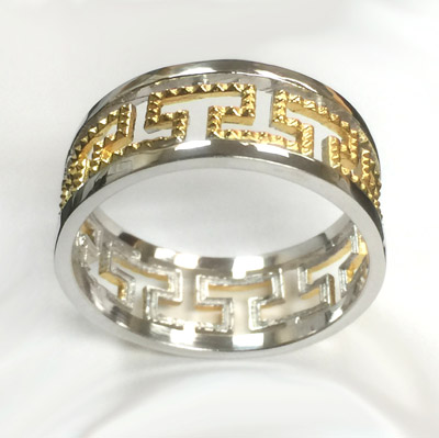 Men's 14k Yellow White Gold Greek Key Ring