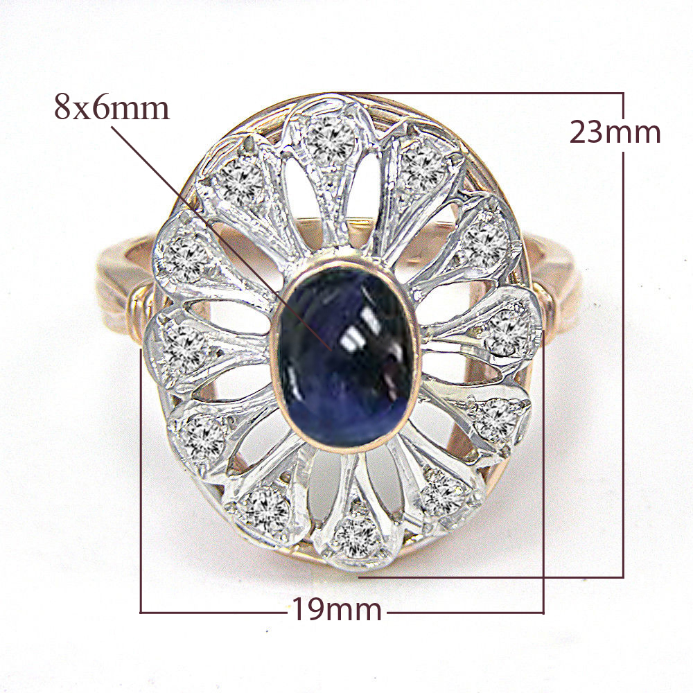 14k Gold Diamond Sapphire Russian Style Ring
