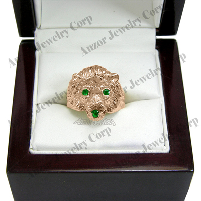 Men's Ring 14k Rose Gold Lion Emerald Ring