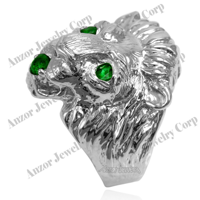 Men's Ring 14k White Gold Lion Emerald Ring