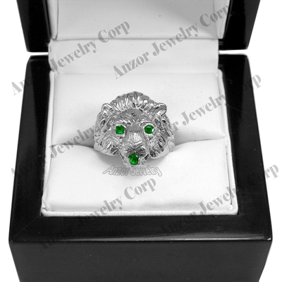 Men's Ring 14k White Gold Lion Emerald Ring