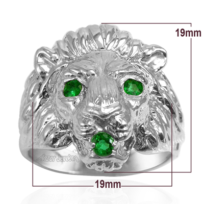 Men's Ring 14k White Gold Lion Emerald Ring