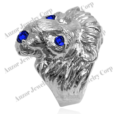 Men's Ring 14k White Gold Lion Sapphire Ring