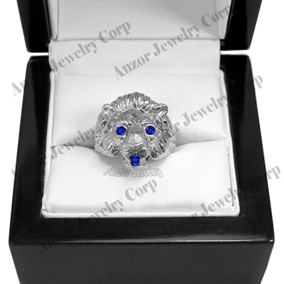 Men's Ring 14k White Gold Lion Sapphire Ring