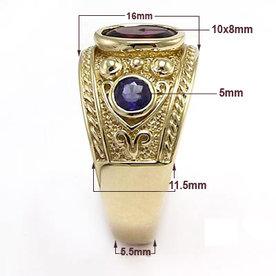 14k Gold Iolite and Garnet Ring Men's Jewelry