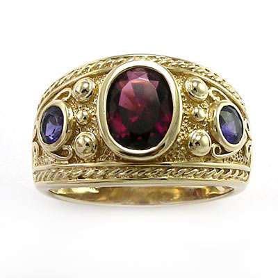 14k Gold Iolite and Garnet Ring Men's Jewelry