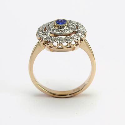 14k solid Gold Sapphire diamond Russian style Ring