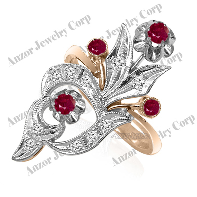 Russian Style 14k Gold Diamond Ruby Ring