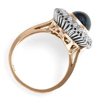 Russian Style Cabochon Sapphire Diamond Ring 14K
