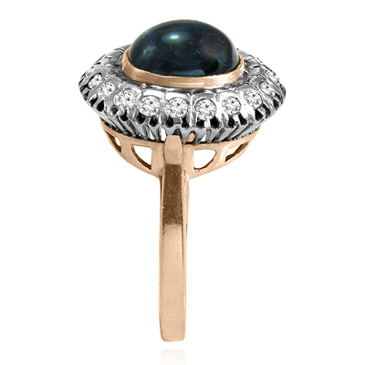 Russian Style Cabochon Sapphire Diamond Ring 14K