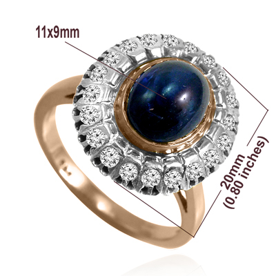 Russian Style Cabochon Sapphire Diamond Ring 14K
