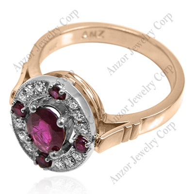 Russian Style Diamond Ruby Ring 14K Gold