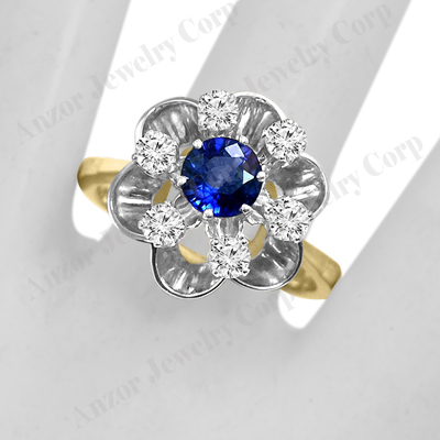 14k Gold Genuine Sapphire Diamond Flower Ring