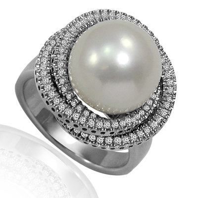 14k White Gold Freshwater Pearls Diamond Ring