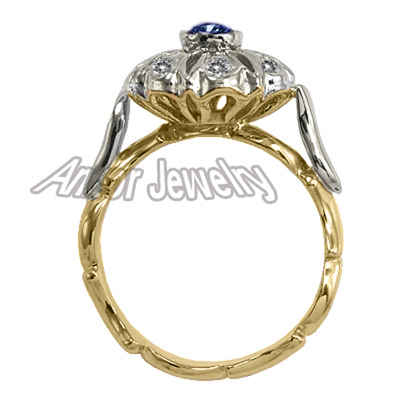 Russian Style Diamond Sapphire Engagement Ring 14K