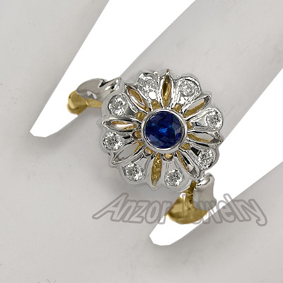 Russian Style Diamond Sapphire Engagement Ring 14K