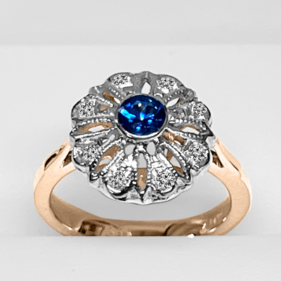 Russian style Diamond Sapphire Ring 14k Rose White
