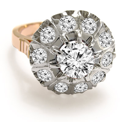 Genuine Diamond Russian style Ring in 14k Gold