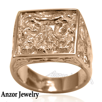 Lions Facing The Ten Commandments Ring in 14k Gold