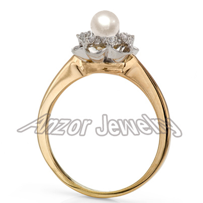 14K Gold Genuine Pearl and Diamond Ring