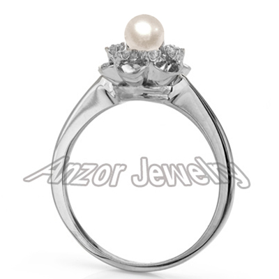 14K Gold Genuine Pearl and Diamond Ring