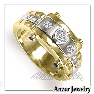 Men's 14k Gold Burnish Set Diamond Sapphire Ring