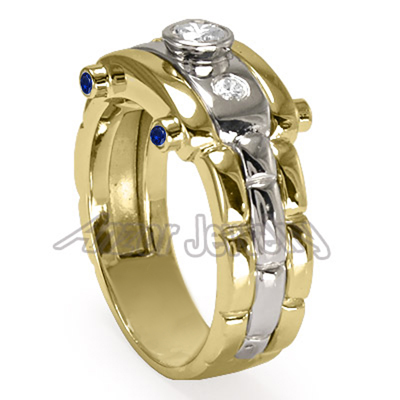 Men's 14k Gold Burnish Set Diamond Sapphire Ring