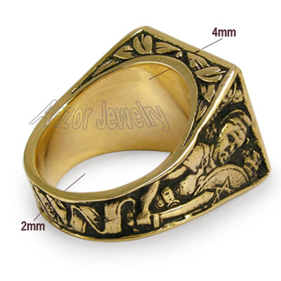 Lions Facing The Ten Commandments Ring in 10k Gold