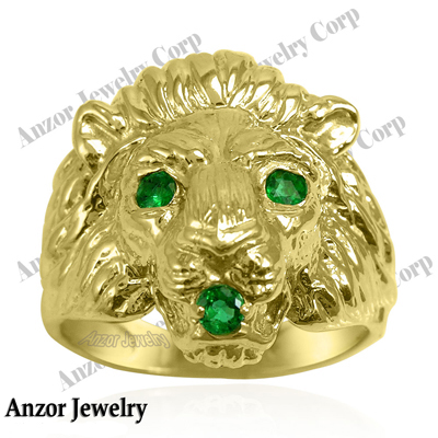 Men's Ring 14k Yellow Gold Lion Emerald Ring