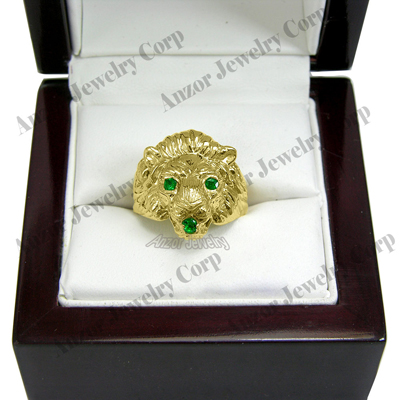 Men's Ring 14k Yellow Gold Lion Emerald Ring