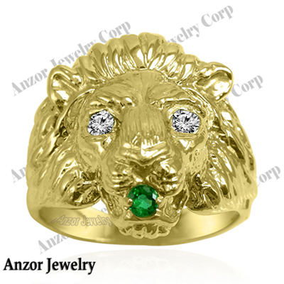 Men's Ring 14k Gold Lion Diamond Emerald Ring
