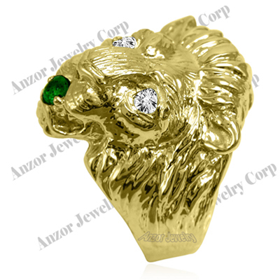 Men's Ring 14k Gold Lion Diamond Emerald Ring