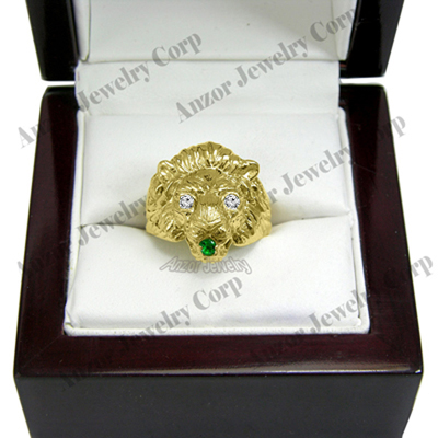 Men's Ring 14k Gold Lion Diamond Emerald Ring