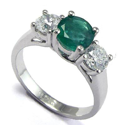 Emerald Diamond Three Stone Ring 14k Gold
