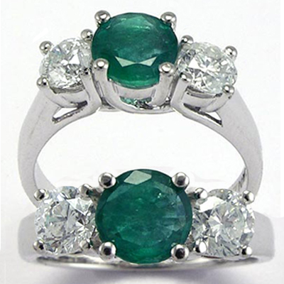 Emerald Diamond Three Stone Ring 14k Gold