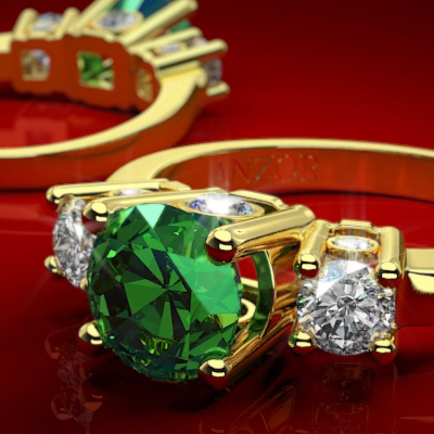 Emerald Diamond Three Stone Ring in 18k Gold