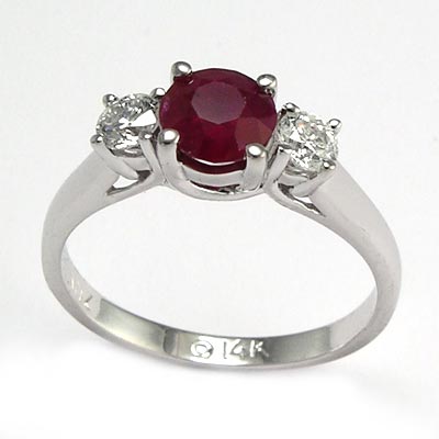 14k Gold Ruby Diamond Three Stone Ring